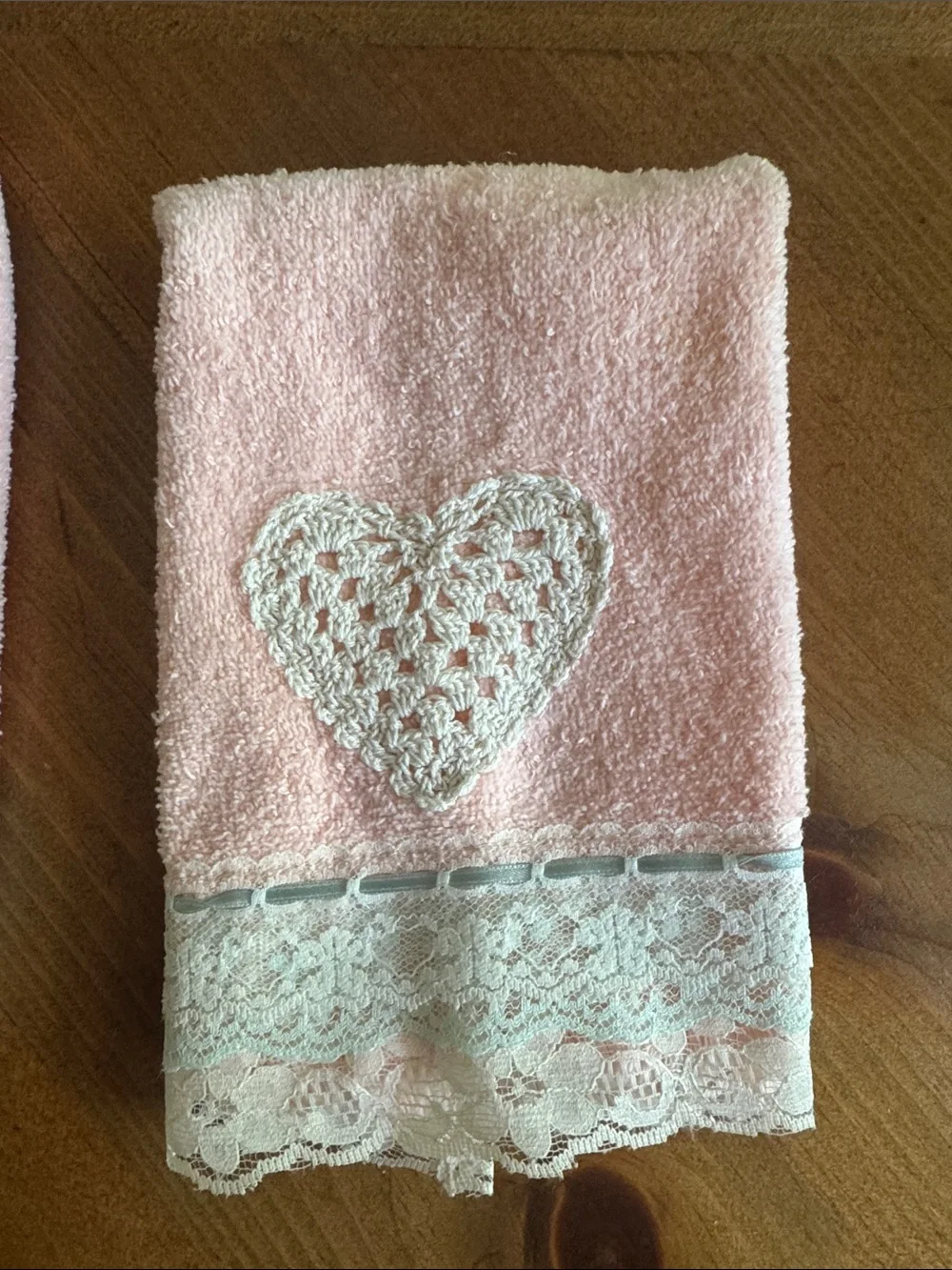 vintage soft pink wash cloths  white crochet heart appliqués and lace trim